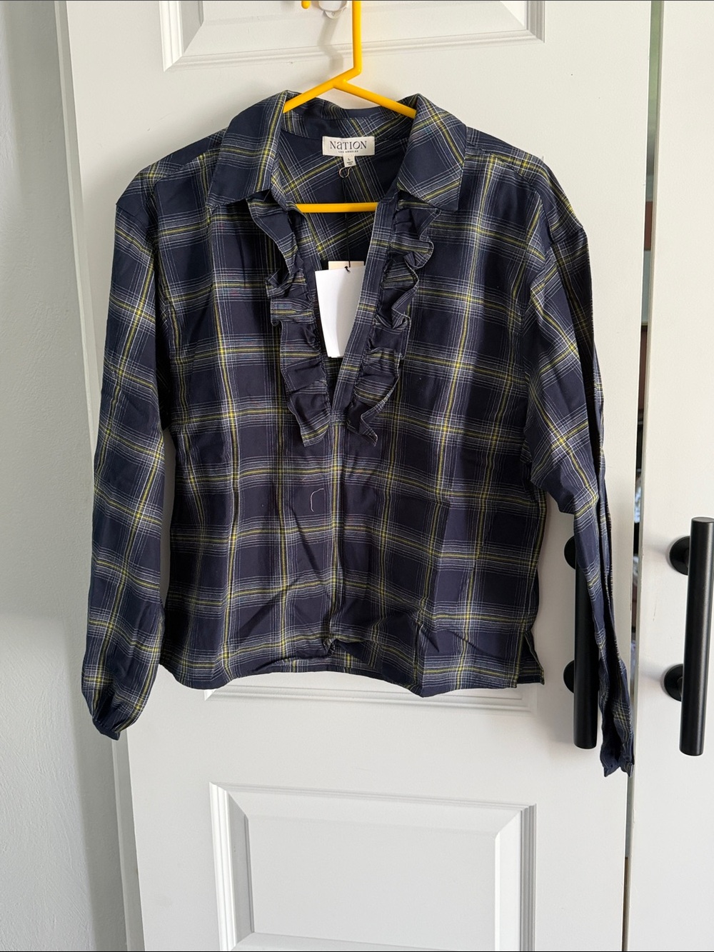 Anthropologie Nation Los Angeles Navy Plaid Ruffle Front Shirt large